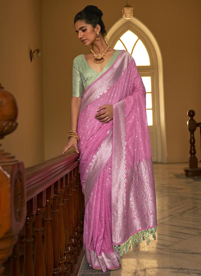 Nylon Crepe Pink Traditional Wear Zari Work Saree